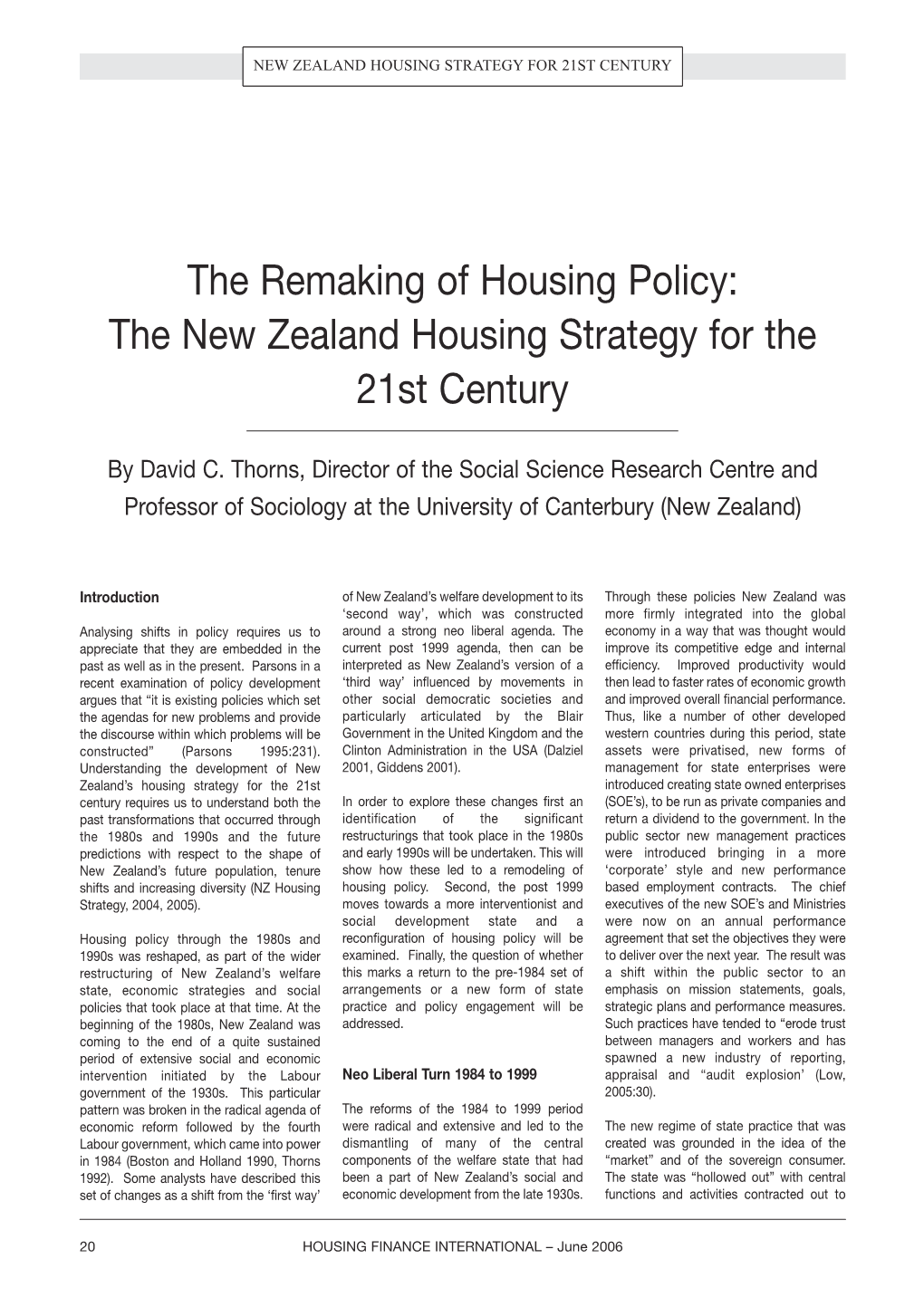 The New Zealand Housing Strategy for the 21St Century