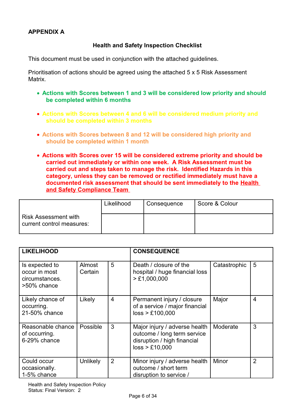 Health and Safety Inspection Checklist