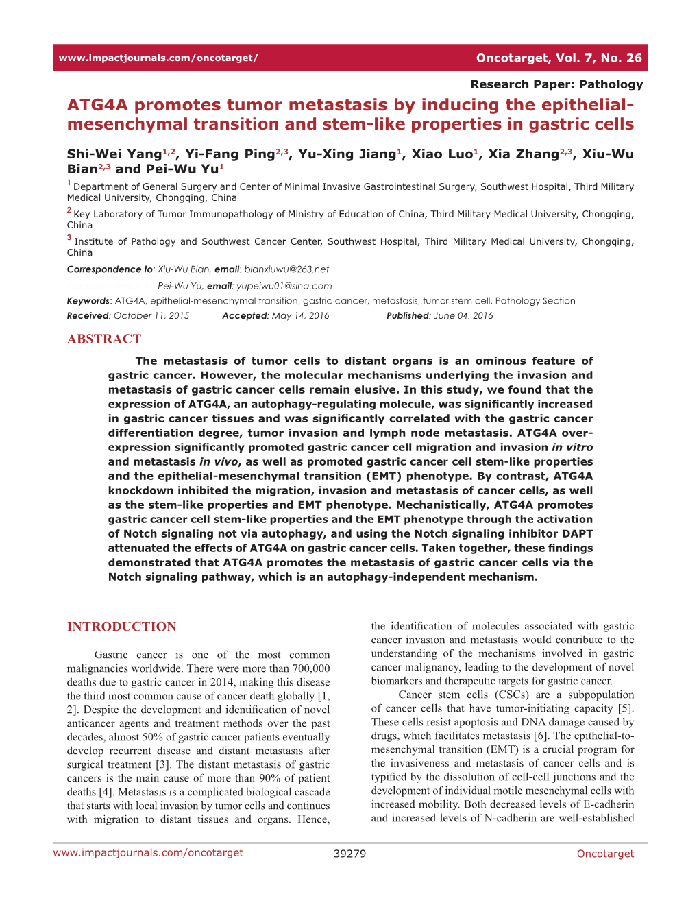 ATG4A Promotes Tumor Metastasis by Inducing the Epithelial- Mesenchymal Transition and Stem-Like Properties in Gastric Cells