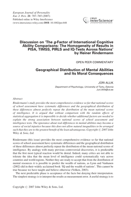 The G-Factor of International Cognitive Ability Comparisons: the Homogeneity of Results in PISA, TIMSS, PIRLS and IQ-Tests Across Nations’ by Heiner Rindermann