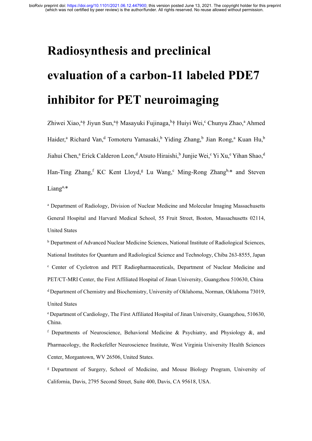 Radiosynthesis and Preclinical Evaluation of a Carbon-11 Labeled PDE7 Inhibitor for PET Neuroimaging