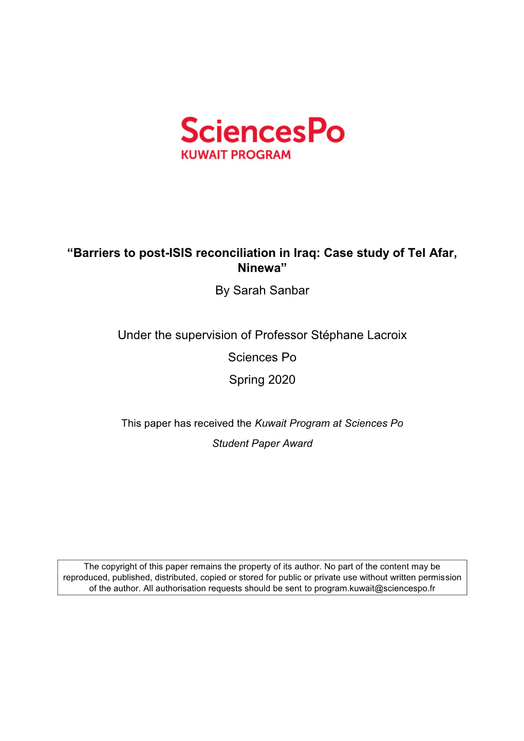 “Barriers to Post-ISIS Reconciliation in Iraq: Case Study of Tel Afar, Ninewa” by Sarah Sanbar Under the Supervision of Prof