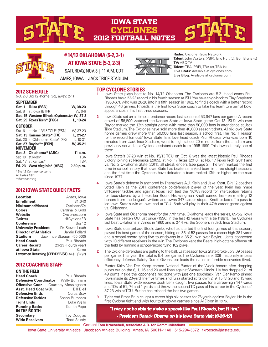 Cyclones 2012 Football Notes