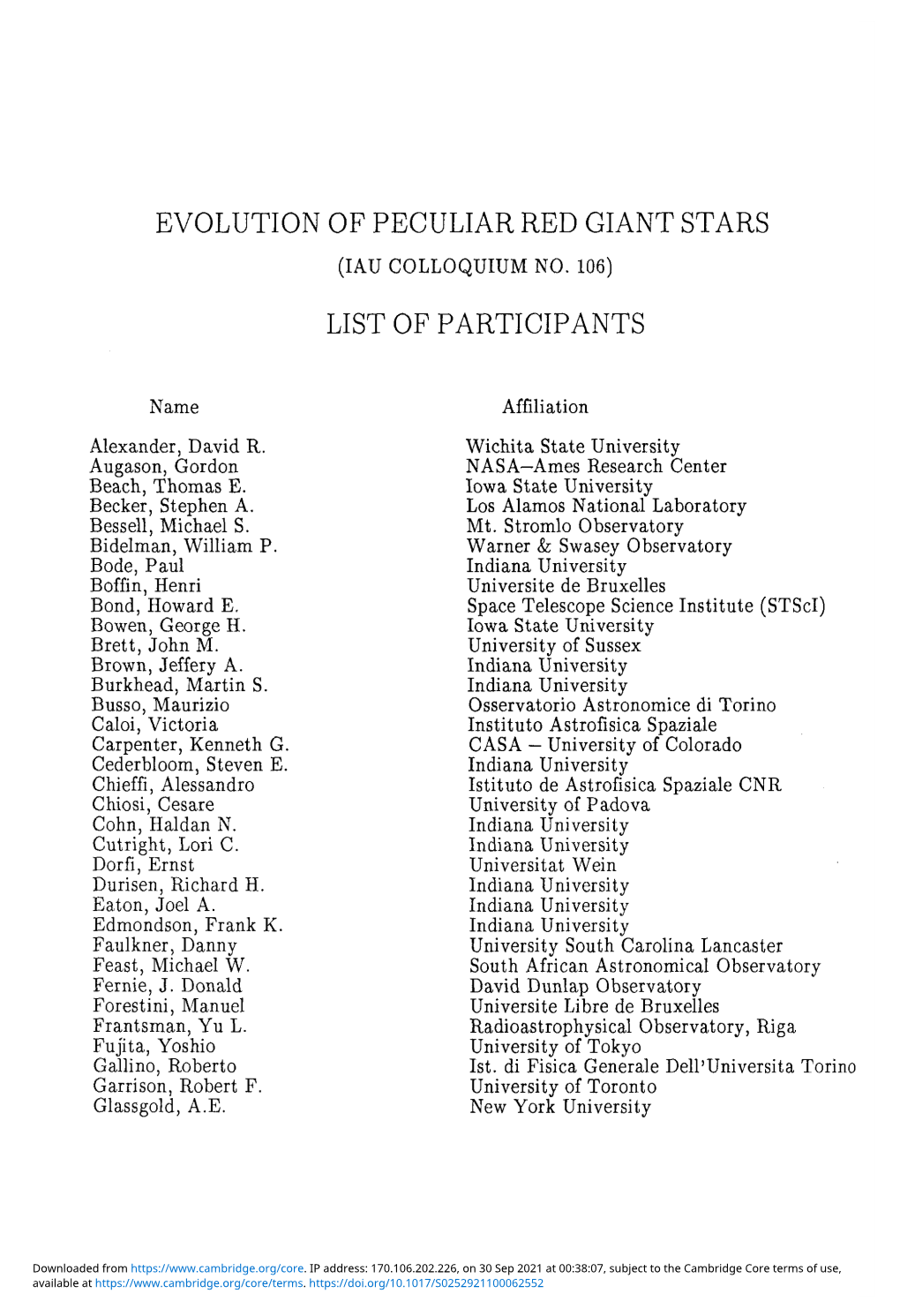 Evolution of Peculiar Red Giant Stars List Of