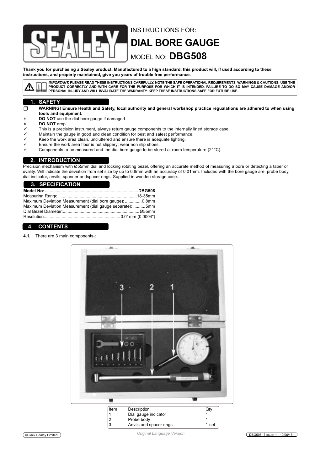 DIAL BORE GAUGE Model No: DBG508