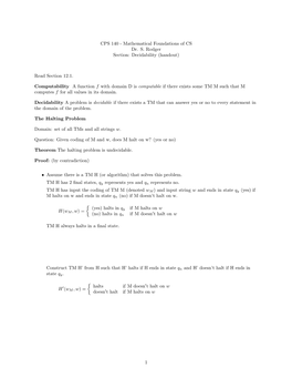 Mathematical Foundations of CS Dr. S. Rodger Section: Decidability (Handout)