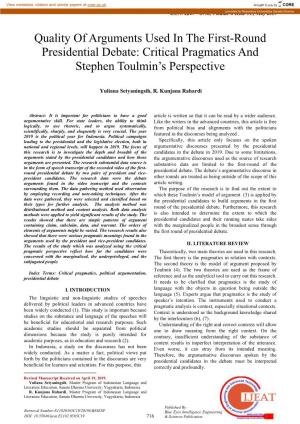 Quality of Arguments Used in the First-Round Presidential Debate: Critical Pragmatics and Stephen Toulmin‘S Perspective