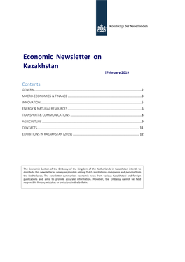 Economic Newsletter on Kazakhstan Appears Every Month and Is Distributed by E-Mail