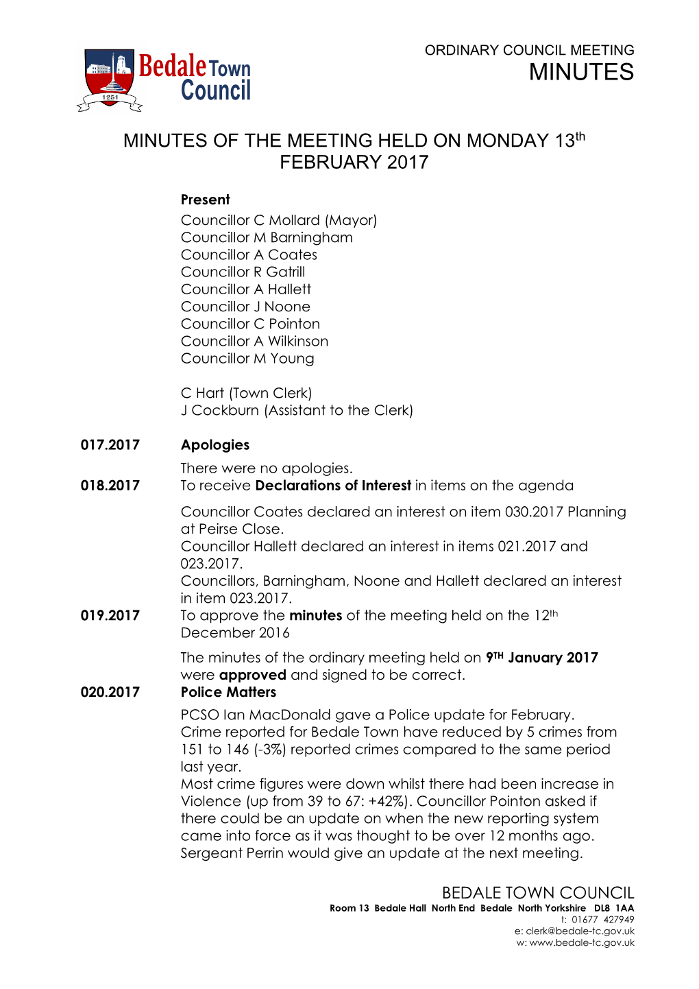 MINUTES of the MEETING HELD on MONDAY 13Th FEBRUARY 2017