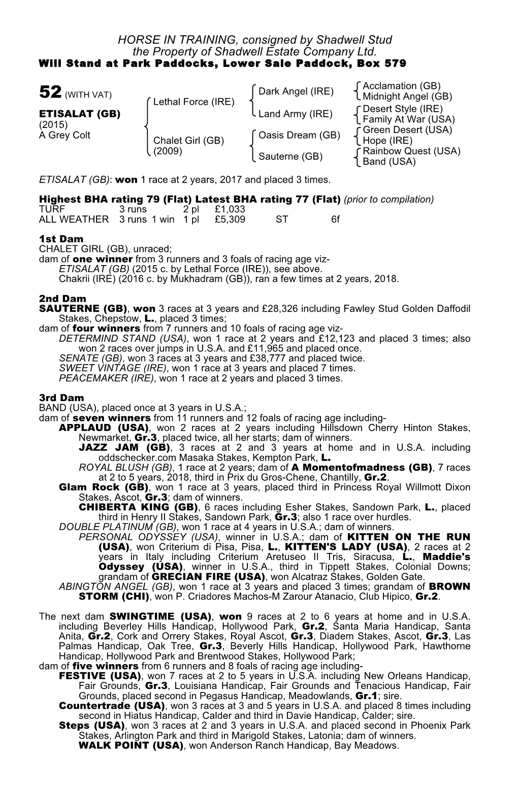 HORSE in TRAINING, Consigned by Shadwell Stud the Property of Shadwell Estate Company Ltd