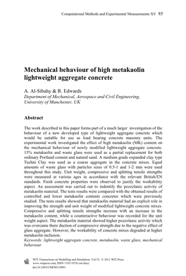 Mechanical Behaviour of High Metakaolin Lightweight Aggregate Concrete