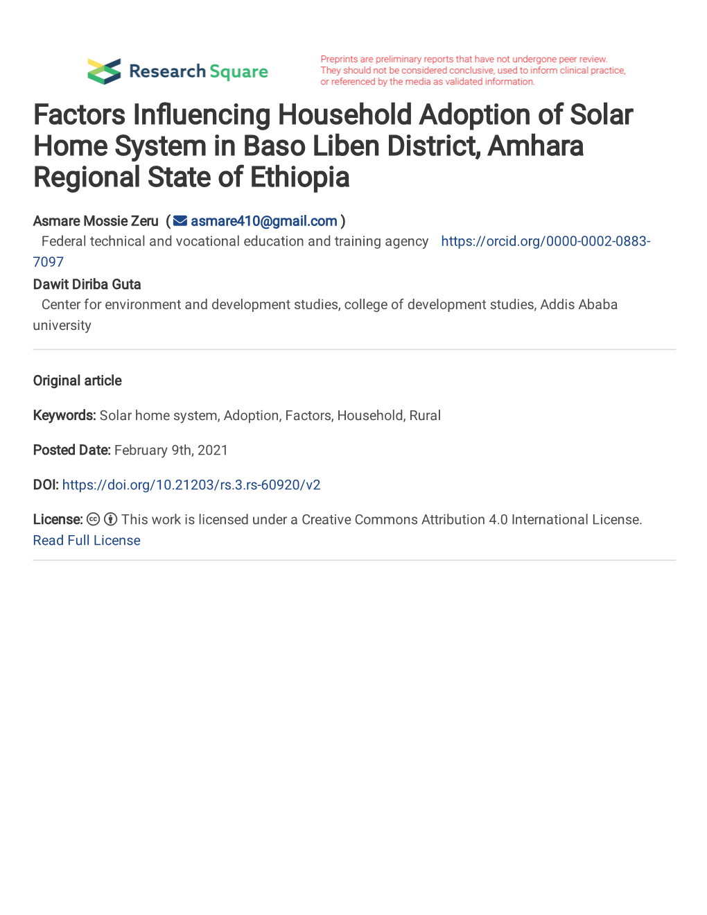 Factors in Uencing Household Adoption of Solar Home System In