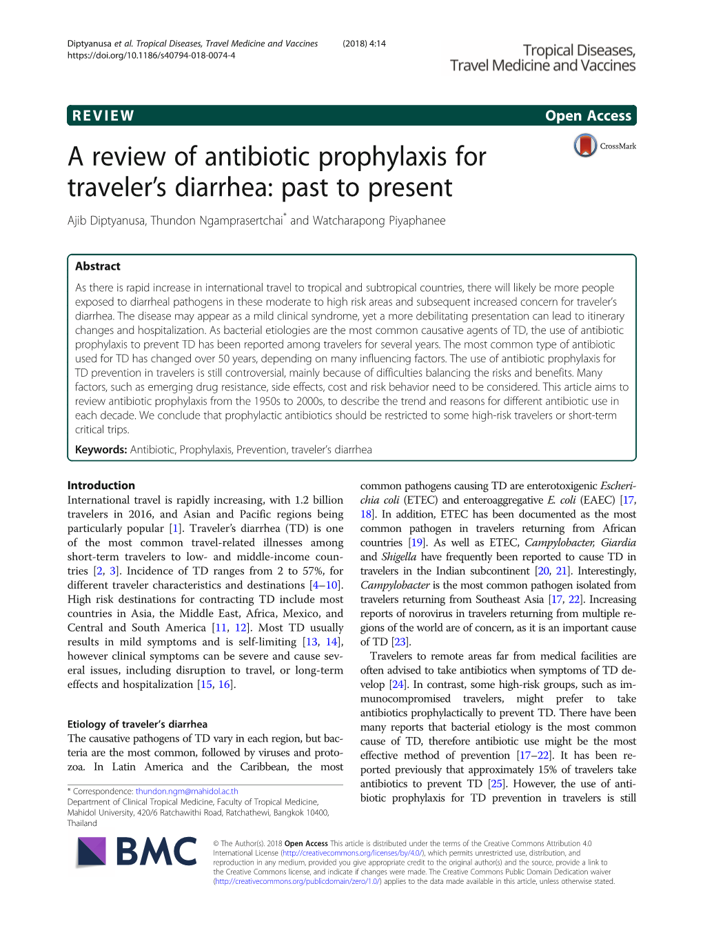 A Review of Antibiotic Prophylaxis for Traveler's Diarrhea: Past to Present