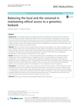 Balancing the Local and the Universal in Maintaining Ethical Access to a Genomics Biobank Catherine Heeney1* and Shona M