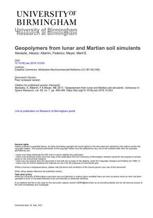 Geopolymers from Lunar and Martian Soil Simulants Alexiadis, Alessio; Alberini, Federico; Meyer, Marit E