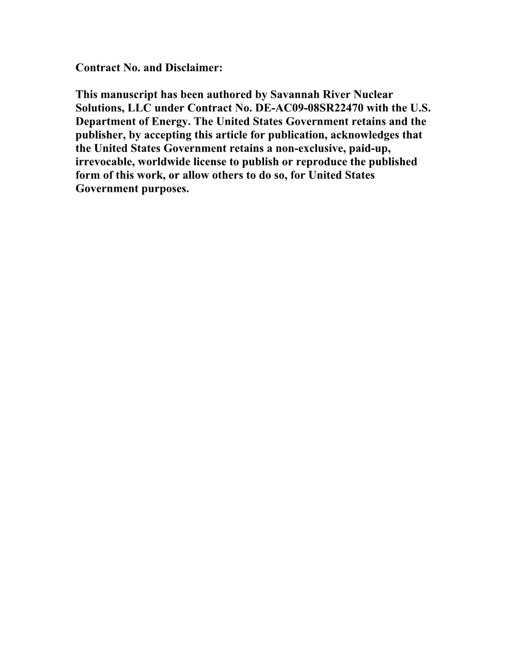 This Manuscript Has Been Authored by Savannah River Nuclear Solutions, LLC Under Contract No. DE-AC09-08SR22470 with the U.S