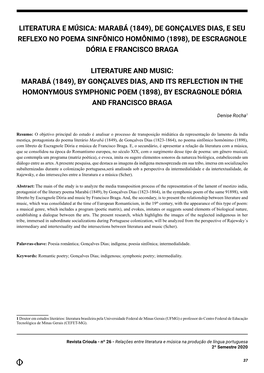 Literatura E Música: Marabá (1849), De Gonçalves Dias, E Seu Reflexo No Poema Sinfônico Homônimo (1898), De Escragnole Dória E Francisco Braga