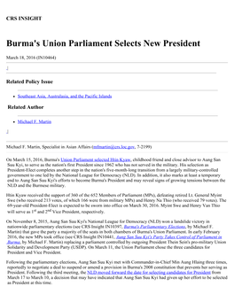 Burma's Union Parliament Selects New President