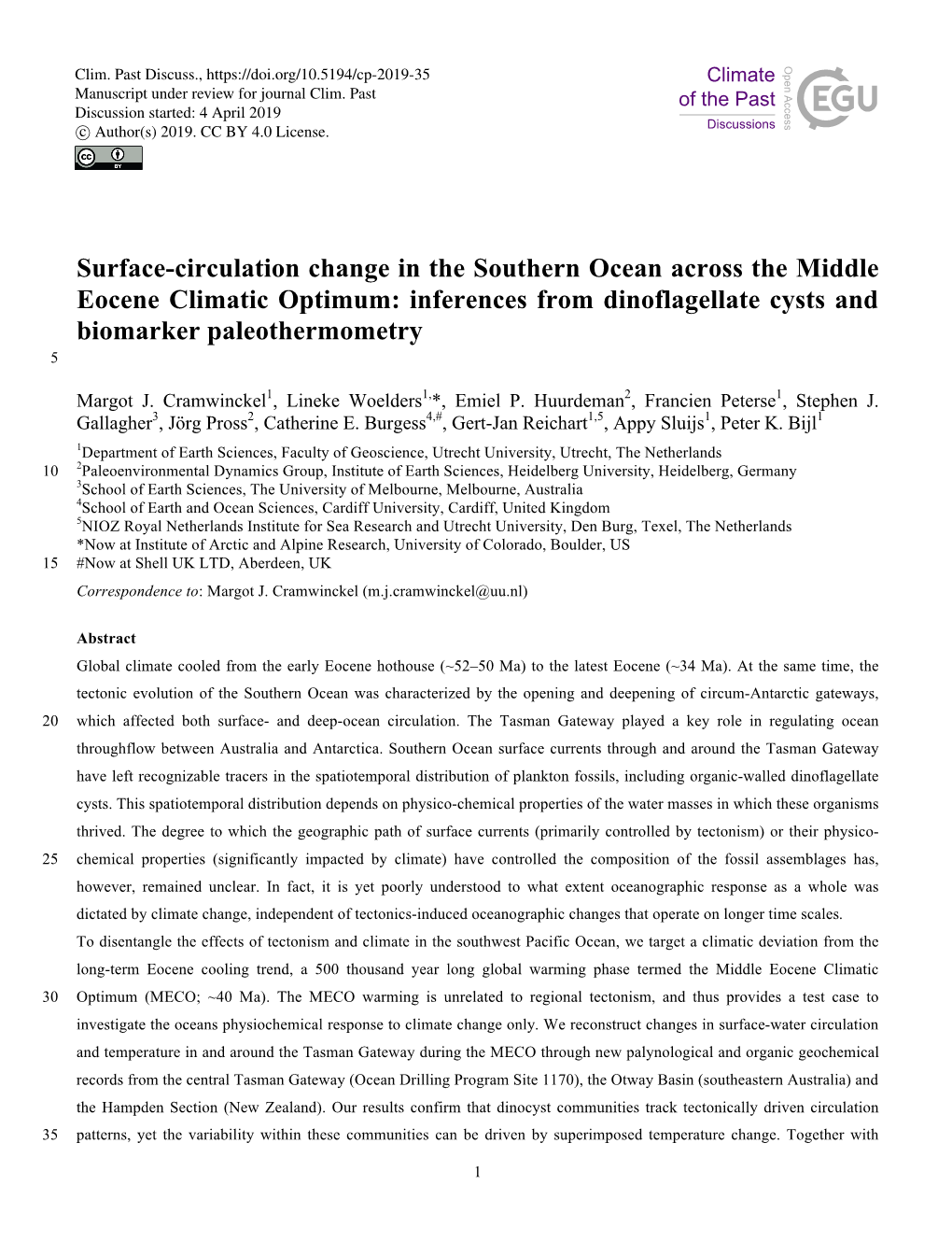 Surface-Circulation Change in the Southern Ocean Across the Middle Eocene Climatic Optimum: Inferences from Dinoflagellate Cysts and Biomarker Paleothermometry 5