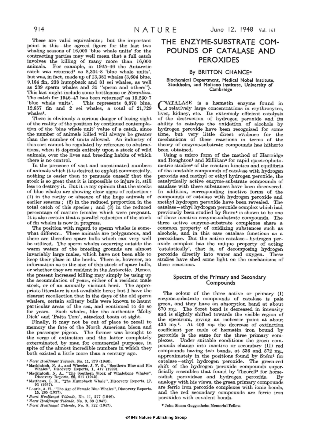 Nature the Enzyme-Substrate Com- Pounds of Catalase and Peroxides