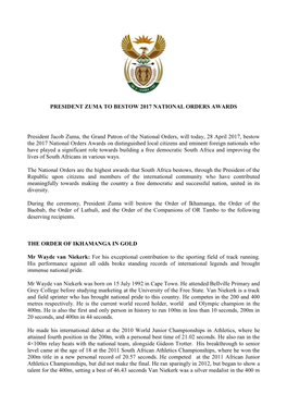 President Zuma to Bestow 2017 National Orders Awards