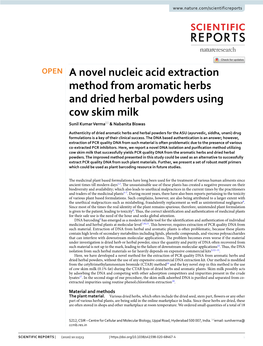 A Novel Nucleic Acid Extraction Method from Aromatic Herbs and Dried Herbal Powders Using Cow Skim Milk Sunil Kumar Verma* & Nabanita Biswas