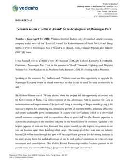 Vedanta Receives 'Letter of Award' for Re-Development of Mormugao Port