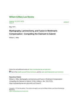 Myelography, Laminectomy, and Fusion in Workman's Compensation - Compelling the Claimant to Submit