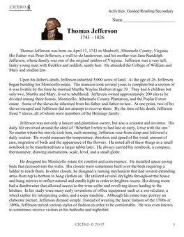 Thomas Jefferson Biography Guided Reading