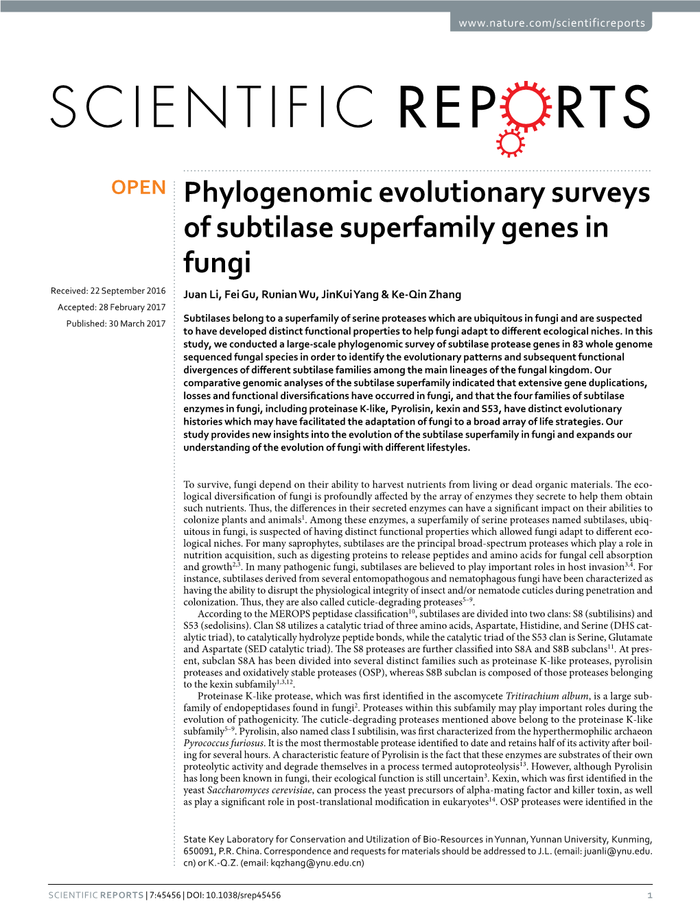 Phylogenomic Evolutionary Surveys of Subtilase Superfamily Genes in Fungi