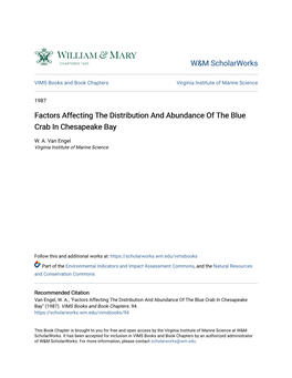 Factors Affecting the Distribution and Abundance of the Blue Crab in Chesapeake Bay
