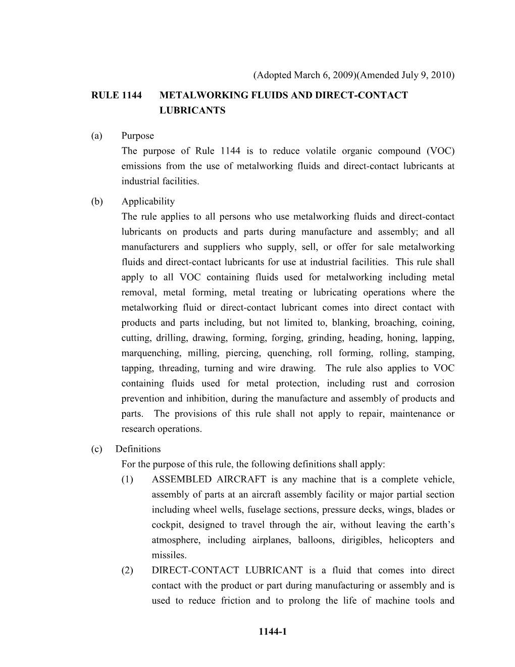 Rule 1144 Metalworking Fluids and Direct-Contact Lubricants