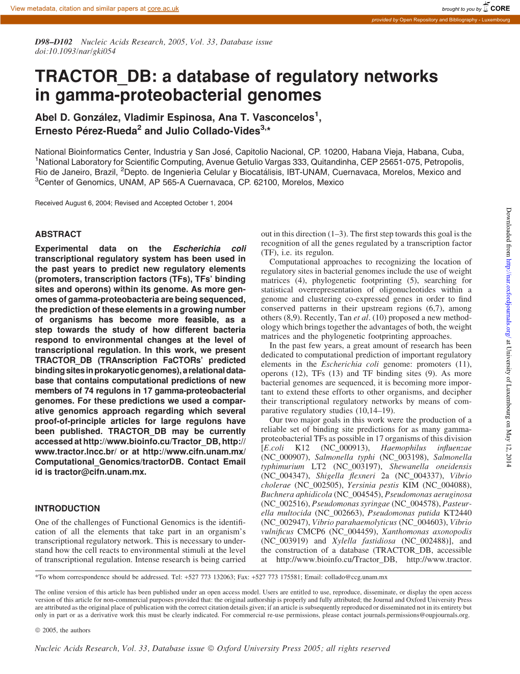 A Database of Regulatory Networks in Gamma-Proteobacterial Genomes Abel D