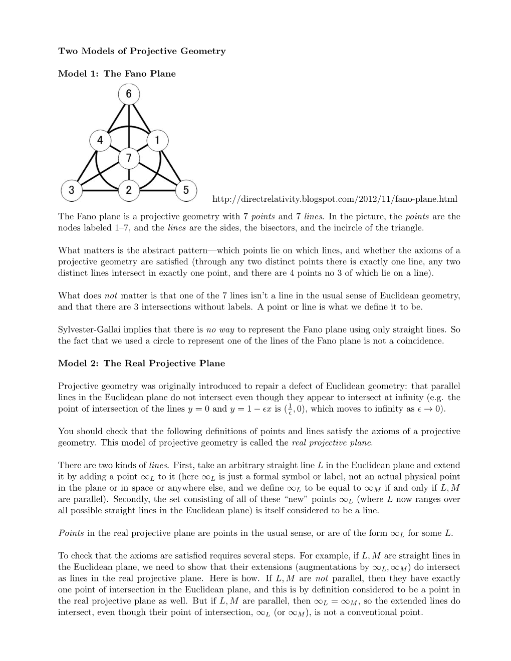 Two Models of Projective Geometry Model 1: the Fano Plane Http