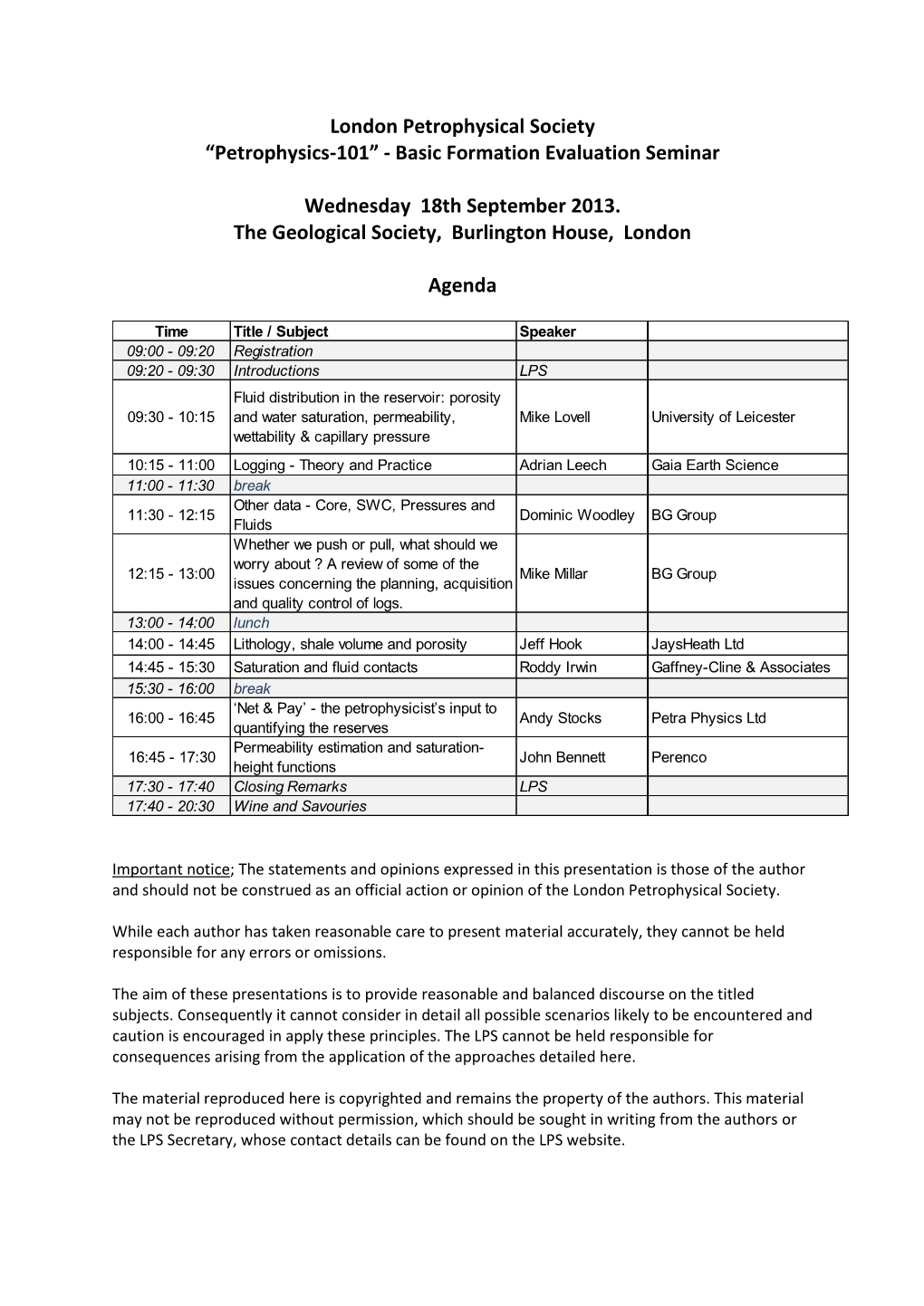 London Petrophysical Society “Petrophysics-101” - Basic Formation Evaluation Seminar