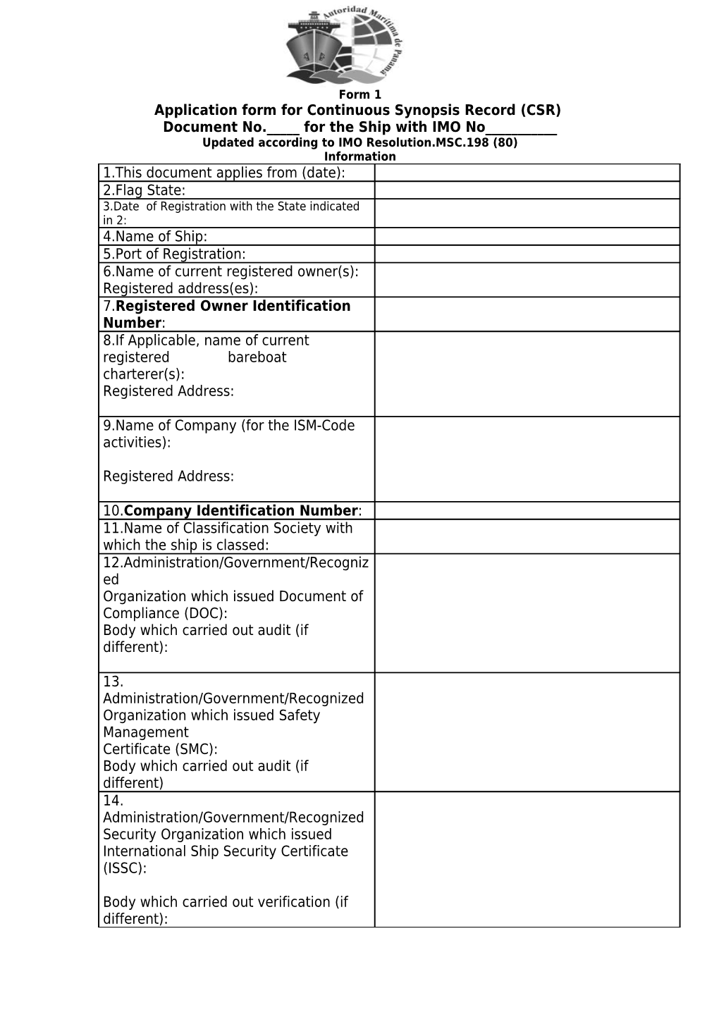 Application Form for Continuous Synopsis Record (CSR)