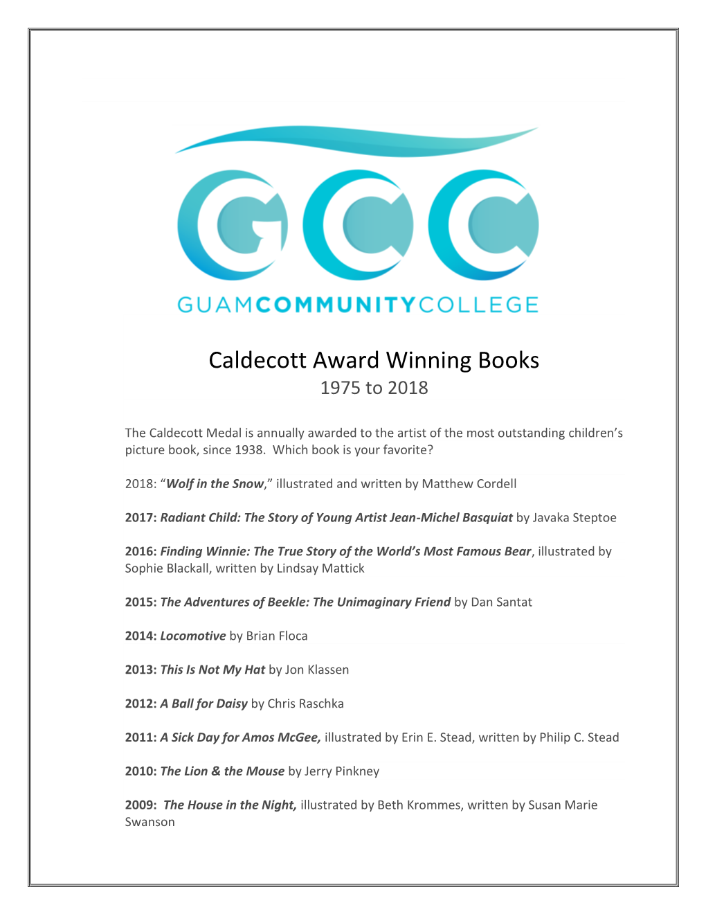 Caldecott Award Winning Books 1975 to 2018