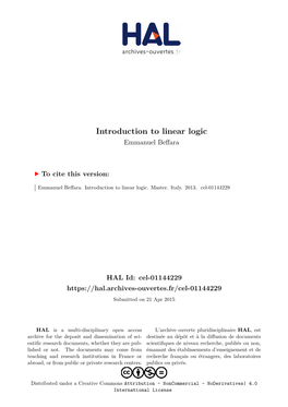 Introduction to Linear Logic Emmanuel Beffara