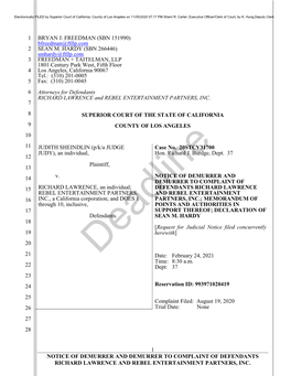 Notice of Demurrer and Demurrer to Complaint of Defendants Richard Lawrence and Rebel Entertainment Partners, Inc. 1 1 2 3 4