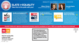 SLATE of EQUALITY Take This to the Polls with You! the Following Candidates and Ballot Measures Are Endorsed by Equality California
