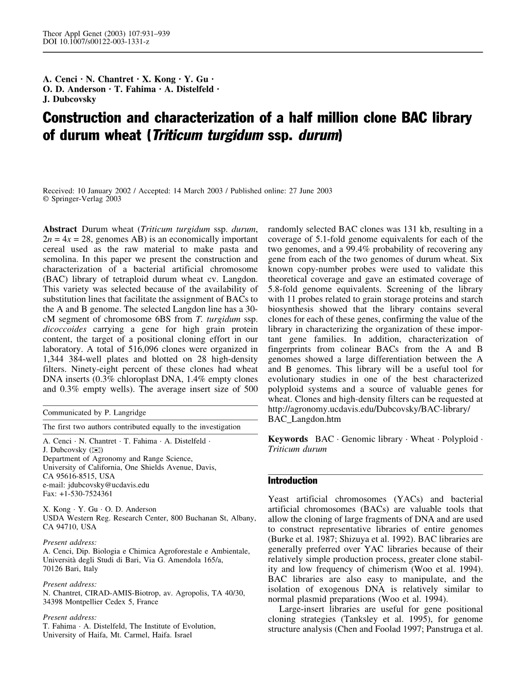 Construction and Characterization of a Half Million Clone BAC Library of Durum Wheat (Triticum Turgidum Ssp