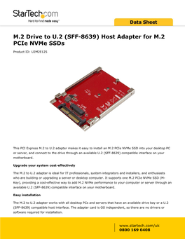 M.2 Drive to U.2 (SFF-8639) Host Adapter for M.2 Pcie Nvme Ssds