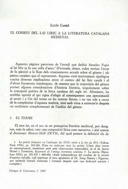 El Conreu Del Lai Líric a La Literatura Catalana Medieval
