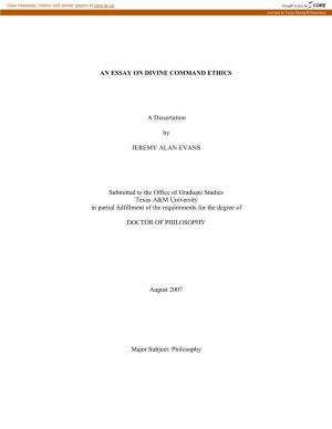 AN ESSAY on DIVINE COMMAND ETHICS a Dissertation by JEREMY