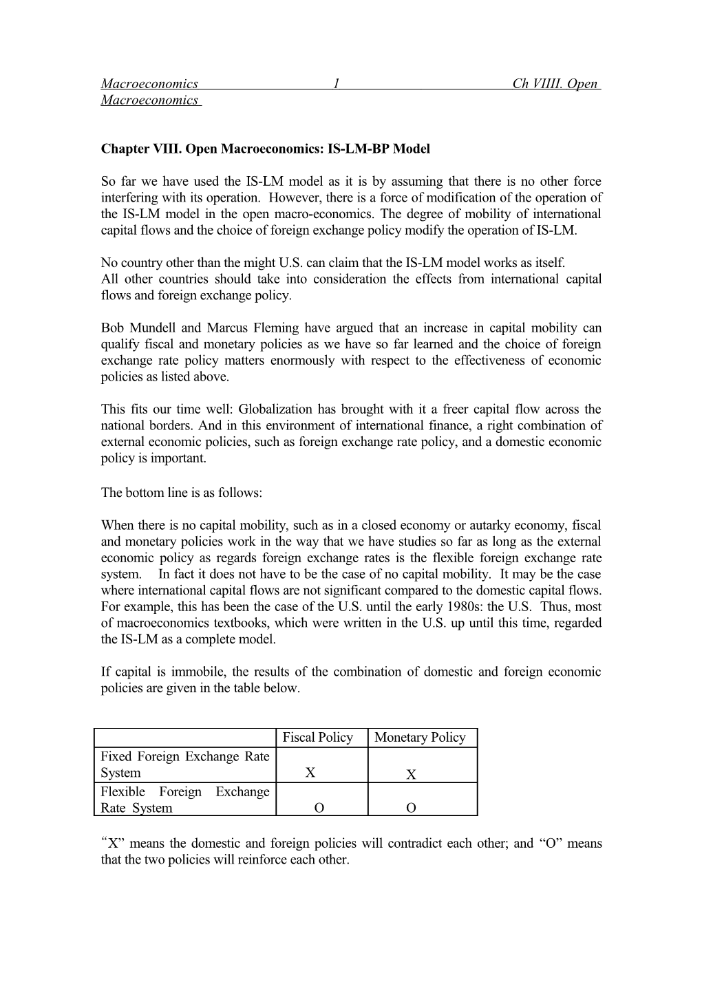 Chapter VIII. Open Macroeconomics: IS-LM-BP Model