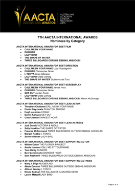7TH AACTA INTERNATIONAL AWARDS Nominees by Category