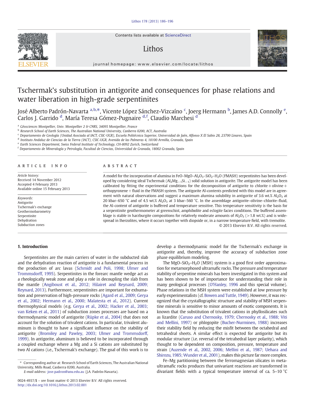 Tschermak's Substitution in Antigorite and Consequences for Phase Relations and Water Liberation in High-Grade Serpentinites