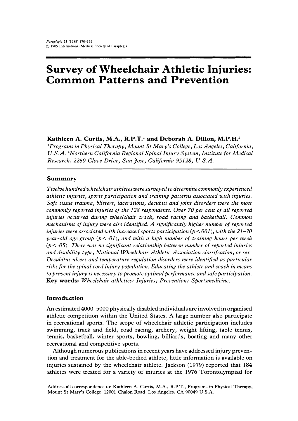 Survey of Wheelchair Athletic Injuries: Common Patterns and Prevention