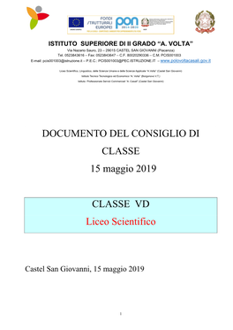 DOCUMENTO DEL CONSIGLIO DI CLASSE 15 Maggio 2019 CLASSE