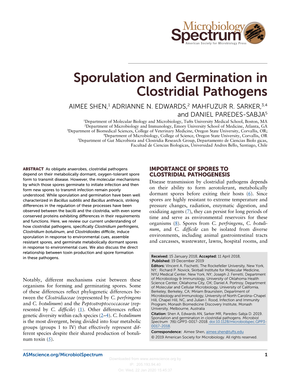 Sporulation and Germination in Clostridial Pathogens AIMEE SHEN,1 ADRIANNE N